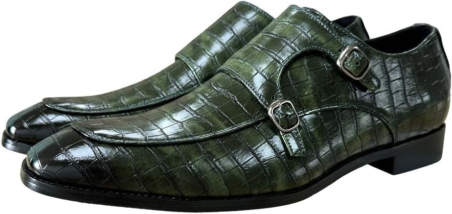 Santimon Men's US 7.5-8 Green Leather Double Monk Strap Slip on Loafer Shoes