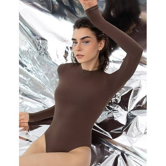 MSRP $32 PUMIEY Women's S Chocolate Crew Neck Long Sleeve Bodysuit Sexy Tops