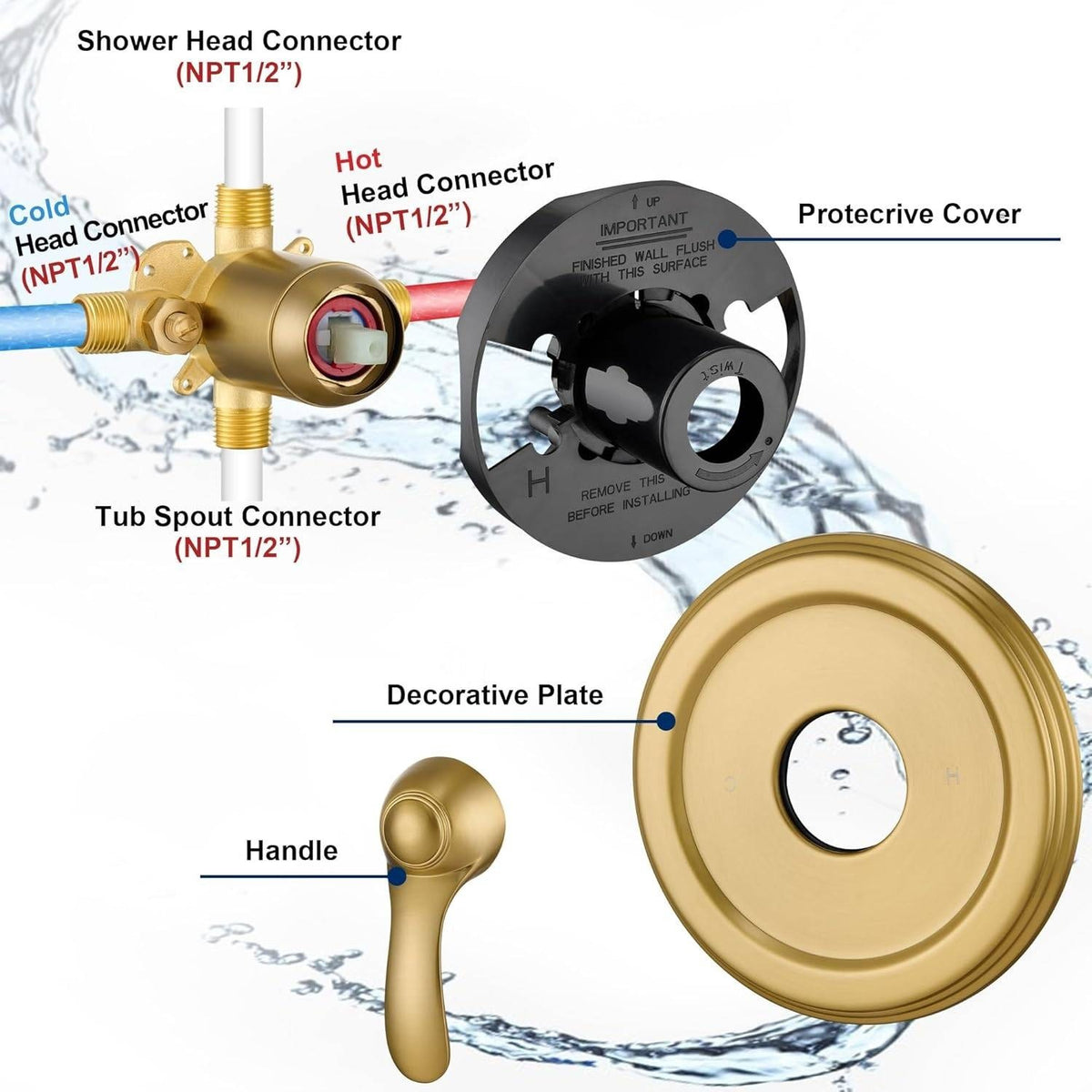 FROPO SF-02B Brushed Gold Shower Tub Faucet Set with Valve, 6" Gold Shower