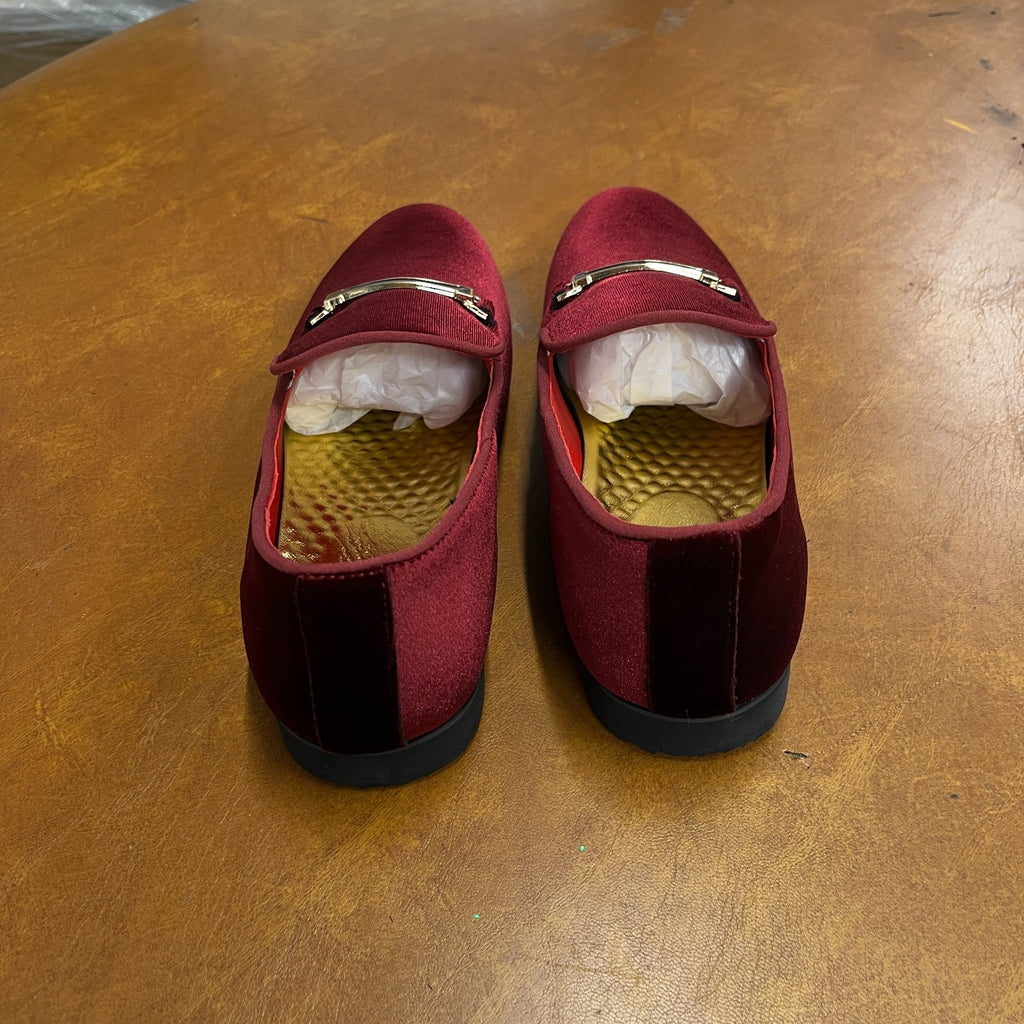 Santimon Men's US 8 - 10 Red Dress Loafers Velvet Horsebit Buckle Moccasin Shoes