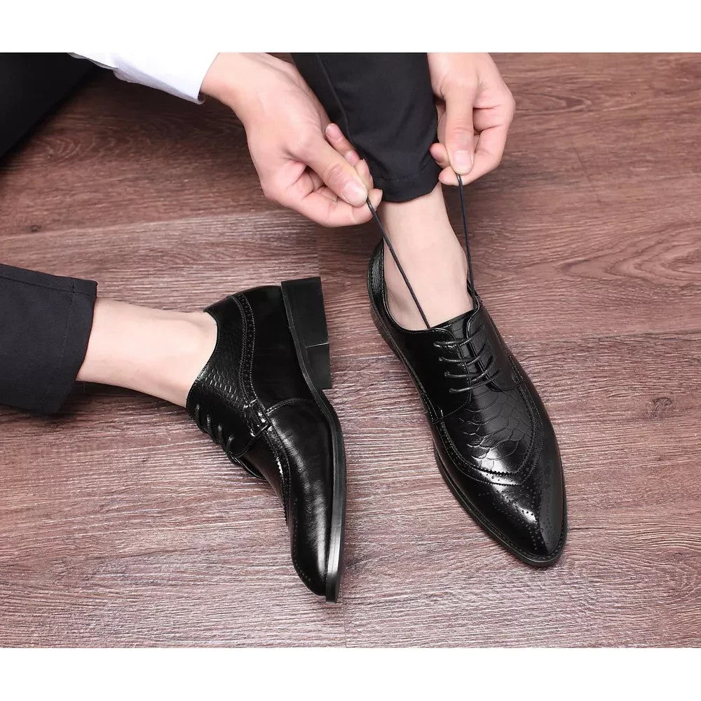 Santimon Men's US 9-12.5 Snake-Embossed Wingtip Brogue Dress Oxford Shoes Black