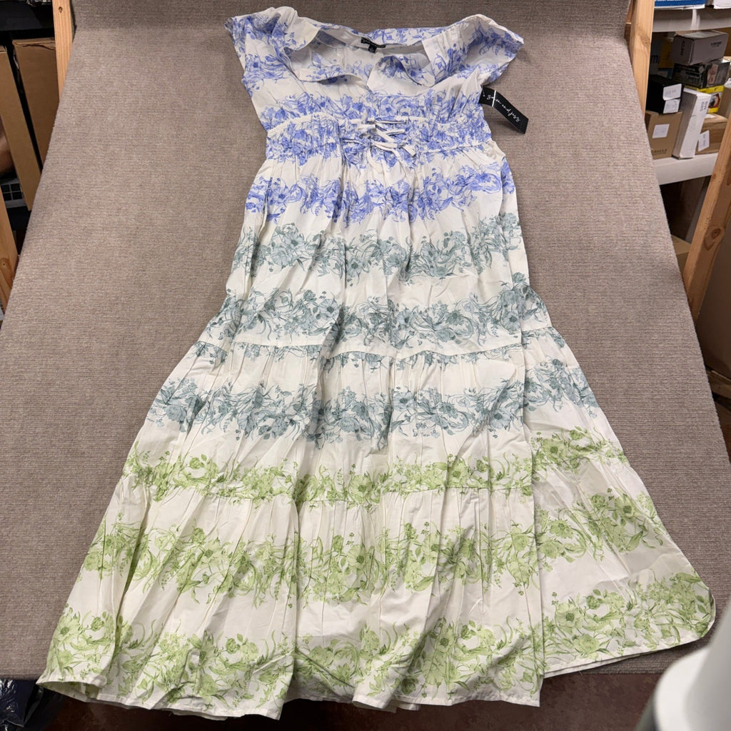 MSRP $89 Sam And Jess Womens L Blue Green Maxi Dress V Neck Short Sleeve Cap