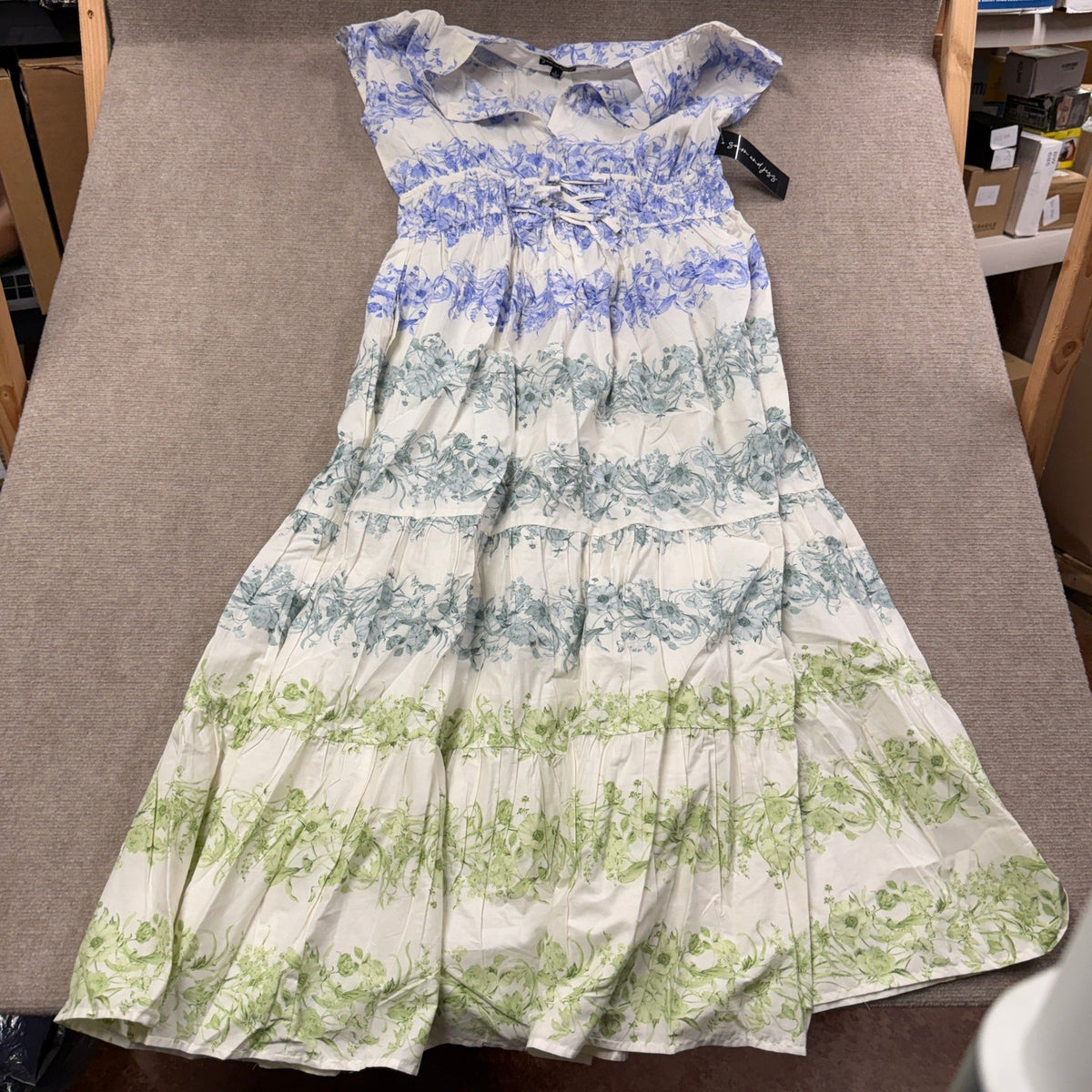 MSRP $89 Sam And Jess Womens L Blue Green Maxi Dress V Neck Short Sleeve Cap