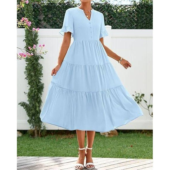MSRP $26 BTFBM Women's XL Sky Blue Summer Dresses V Neck Loose Short Sleeve