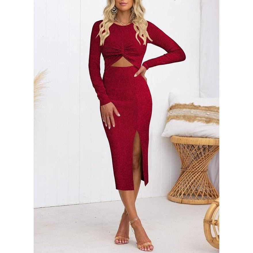 MSRP $53 Pink Queen Women's S Knit Bodycon Dress Long Sleeve Cutout Twist Ruch