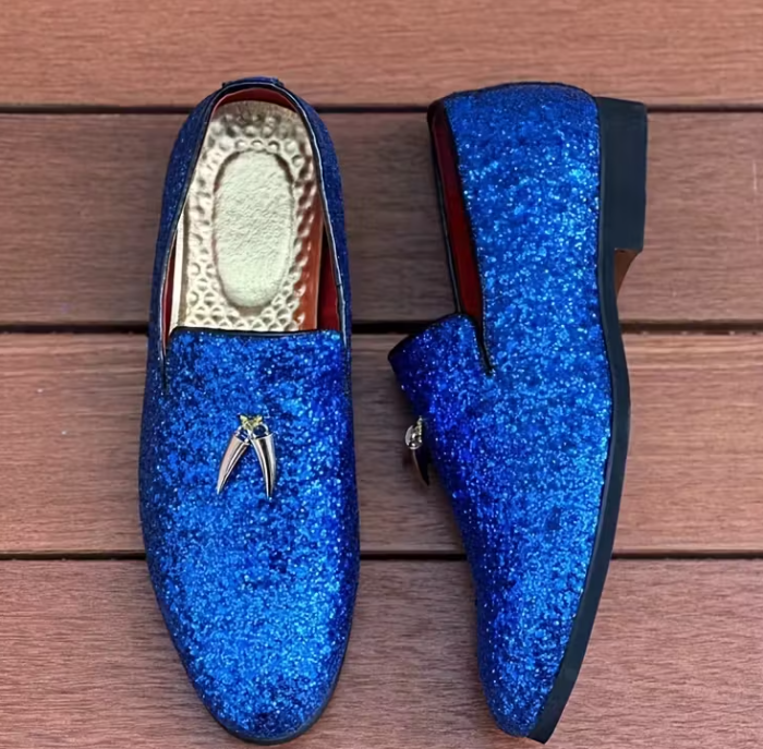 Santimon Men's US 9.5 Blue Glitter Sequin Slip On Loafers Tuxedo Suit Shoes