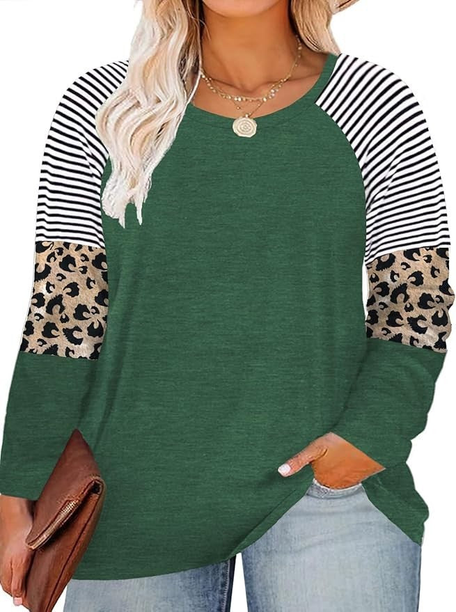 ROSRISS Women's 14W-26W Long Sleeve Top Striped Leopard Print Knotted Tunic Shir