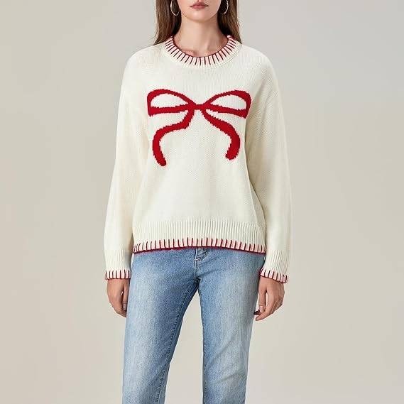 MSRP $41 Fabumily Women's L White Bow Sweater Y2k Crewneck Long Sleeve Knitted