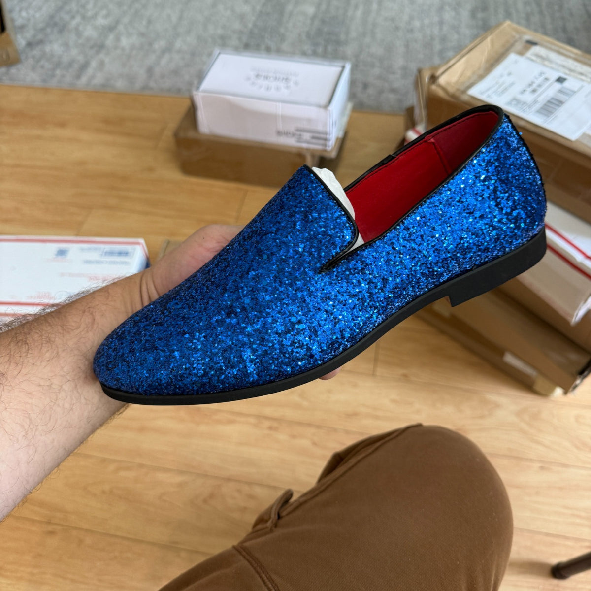 Santimon Men's US 8.5, 9.5 Blue Glitter Slip On Loafers Sequin Dress Shoes