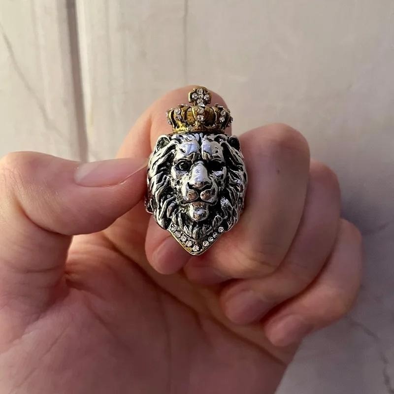 Crowned Lion Ring Mens Two Tone Crystal Statement Jewelry Stainless Steel Size