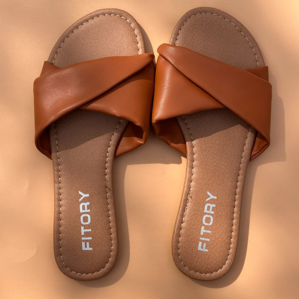 FITORY Women's US 6, 7 Brown Flat Sandals Soft Leather Slide Slippers Summer Fas