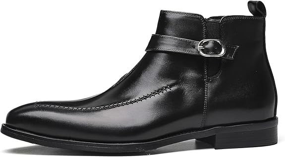 Santimon Men's US 7.5, 12 Black Leather Buckle Strap Zipper Ankle Dress Boots