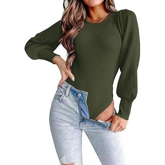 MSRP $43 MASCOMODA Women's S Army Green Long Puff Sleeve Bodysuit Crewneck