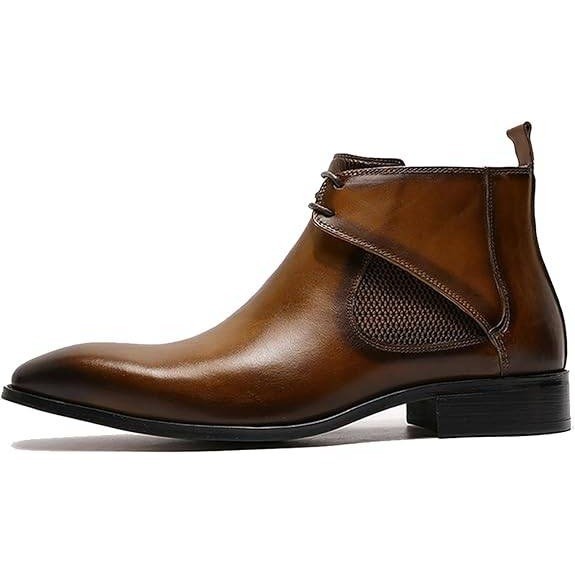 Santimon Men's US 7 Brown Leather Pointed Toe Lace up Chelsea Dress Chukka Boots
