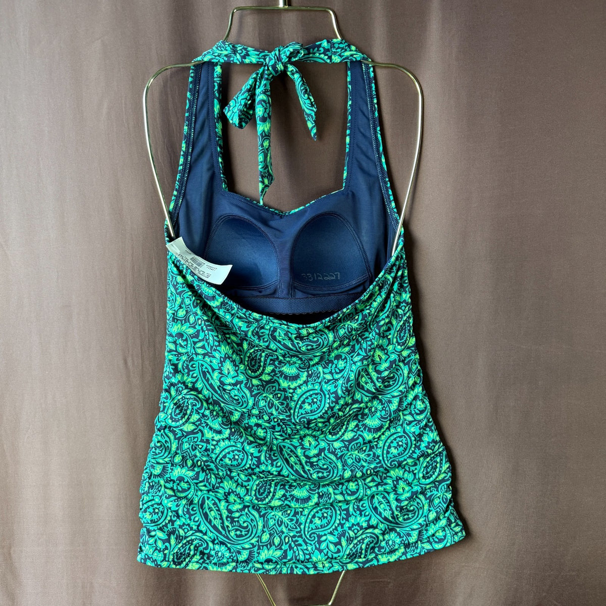Lands' End Women's 4 Halter Tied Navy/Emerald Paisley Tankini Top