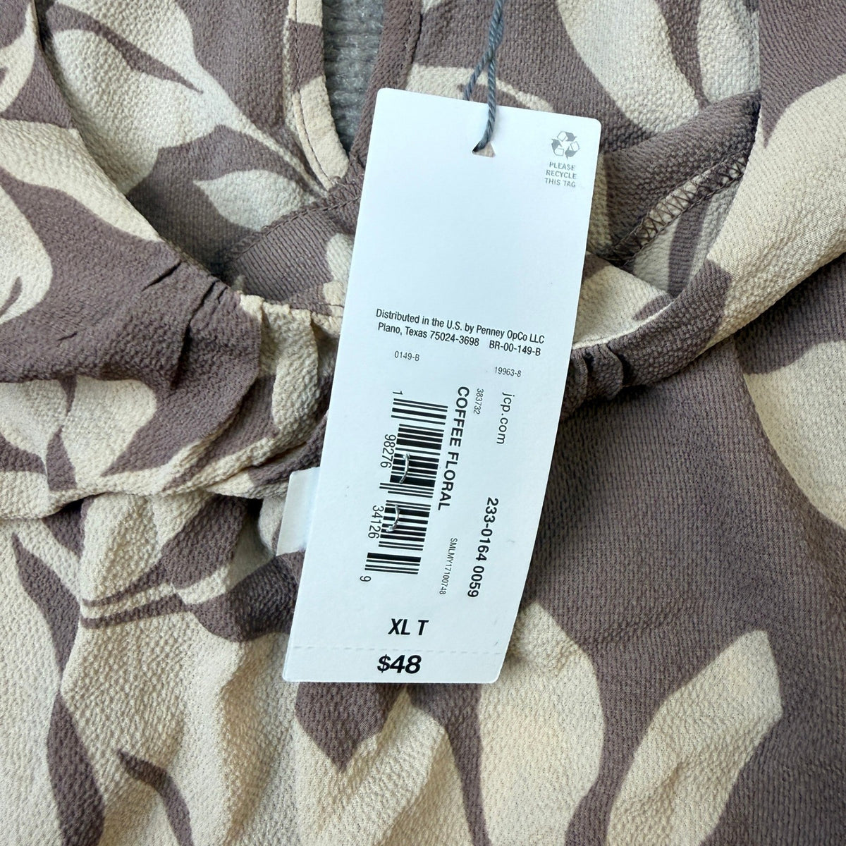 MSRP $48 Liz Claiborne Womens XL Tall Coffee Floral U Neck Blouse Short Sleeve