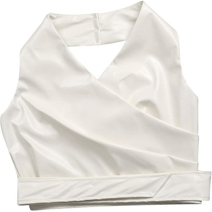 MSRP $72 WOKANSE Women's XL White PU Leather Stretchy 2 Piece Outfit Belted