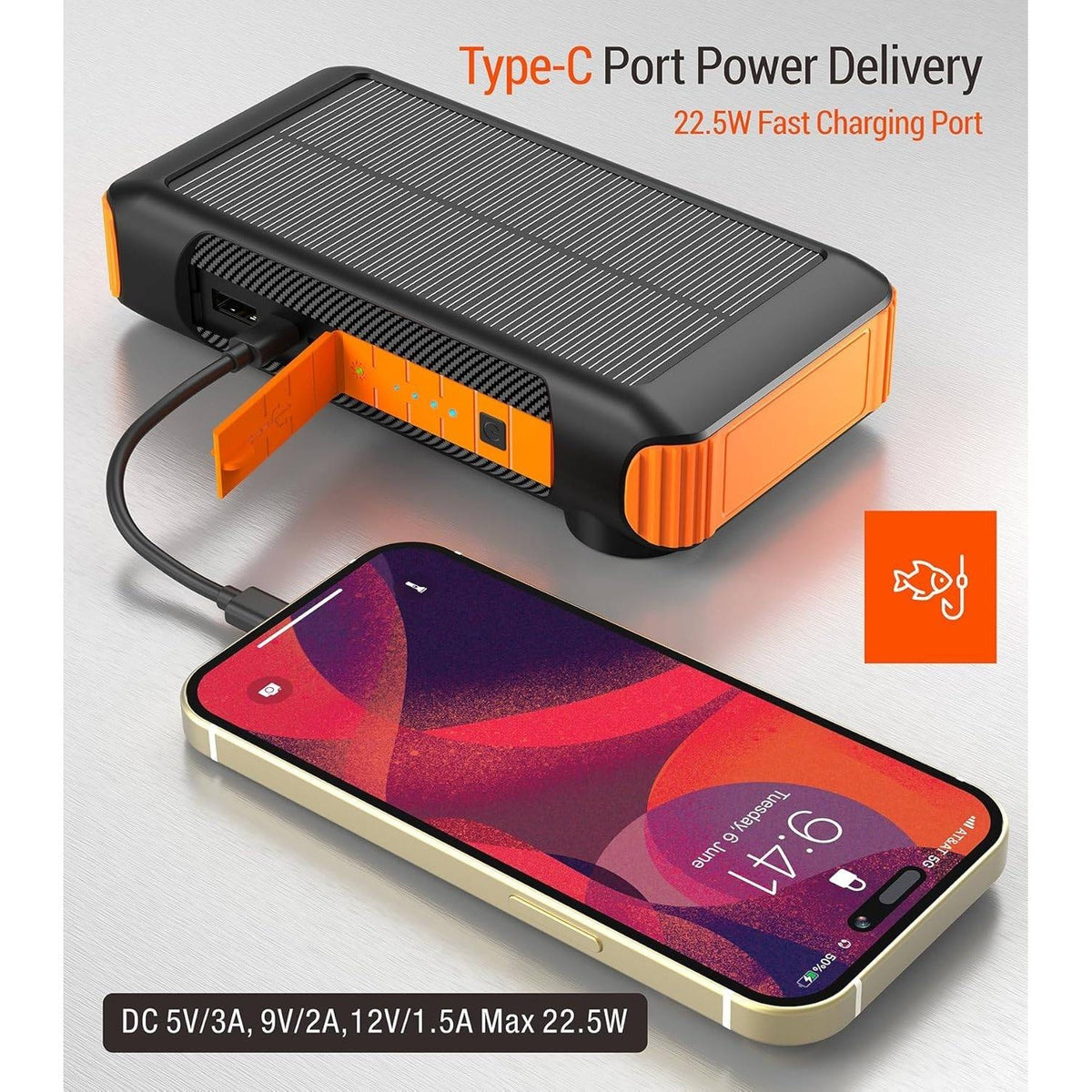 Solar Power Bank 20000mAh Orange Built in Hand Crank 4 Cables 22.5W Fast Charge