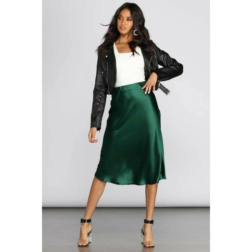 MSRP $39 Zeagoo Women's M Green Satin High Waist Elegant Midi Skirt Flowy