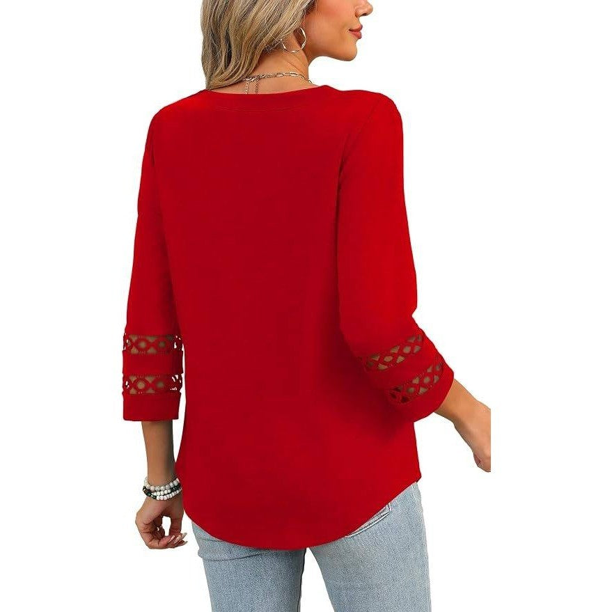 XIEERDUO Women's M 3/4 Length Sleeve Top Crewneck T-Shirt Loose Fit Blouse Red