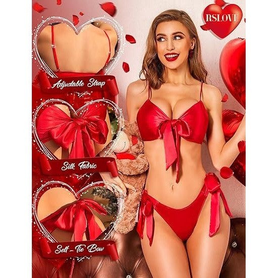 MSRP $36 RSLOVE Women's M Red Two Piece Sexy Lingerie Set Satin Bow Tie Bra