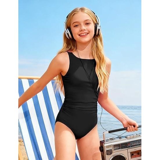 MSRP $26 CRISONE Girls 9-10Y Black One Piece Swimsuit High Neck Girls Bathing S
