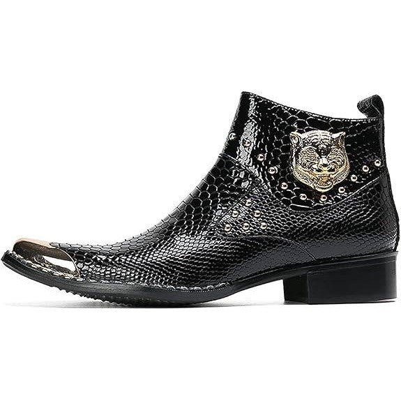 Santimon Mens US 6.5 Black Textured Leather Western Metal Tip Zipper Ankle Boots