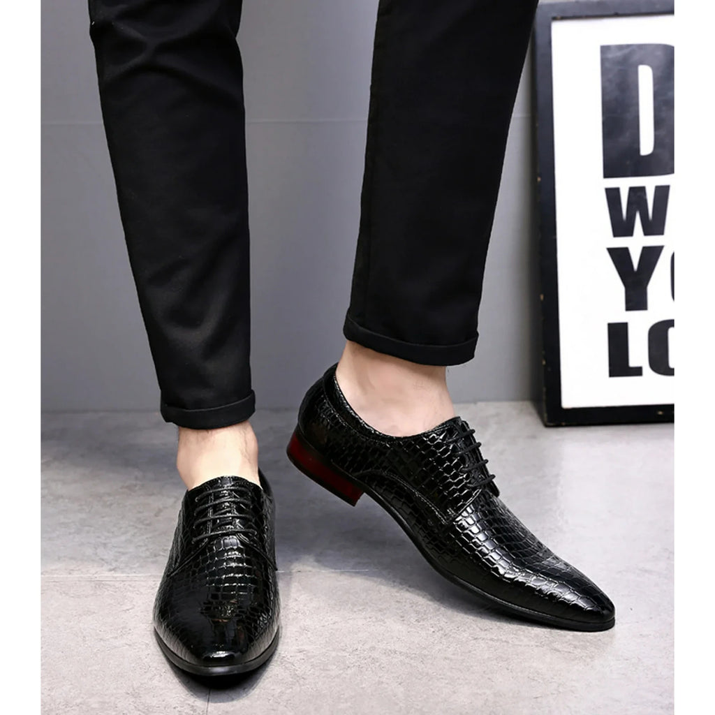 Santimon Men's US 8 - 12.5 Black Oxfords Alligator Patent Leather Dress Shoes