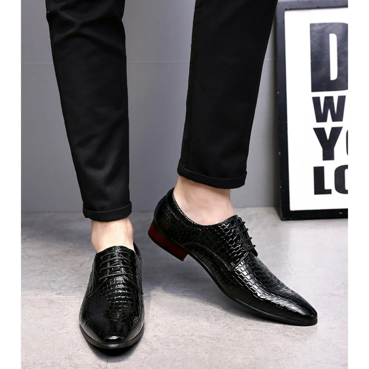 Santimon Men's US 8 - 12.5 Black Oxfords Alligator Patent Leather Dress Shoes