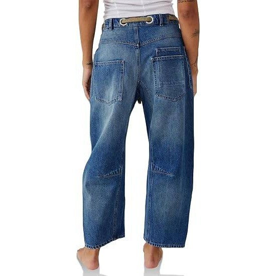 PLNOTME Womens 10 Blue Baggy Barrel Horseshoe Jeans Wide Leg Patchwork Low