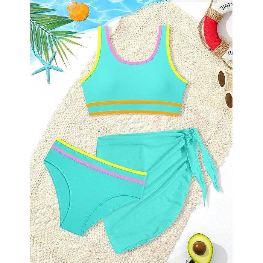 MSRP $32 Girls 11-12Y 3 Piece Swimsuit Set Double Strap High Waist Sporty Bikin