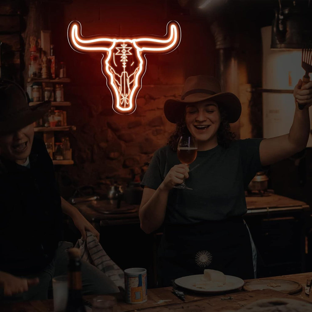 Longhorn Bull Skull Neon Sign For Cowgirl & Cowboy USB Powered Wall Decor, Texa