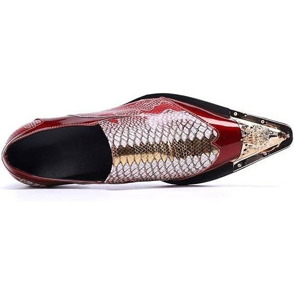 Santimon Mens US 10 Red Genuine Leather Dress Loafers Metallic Cap Slip On Shoes