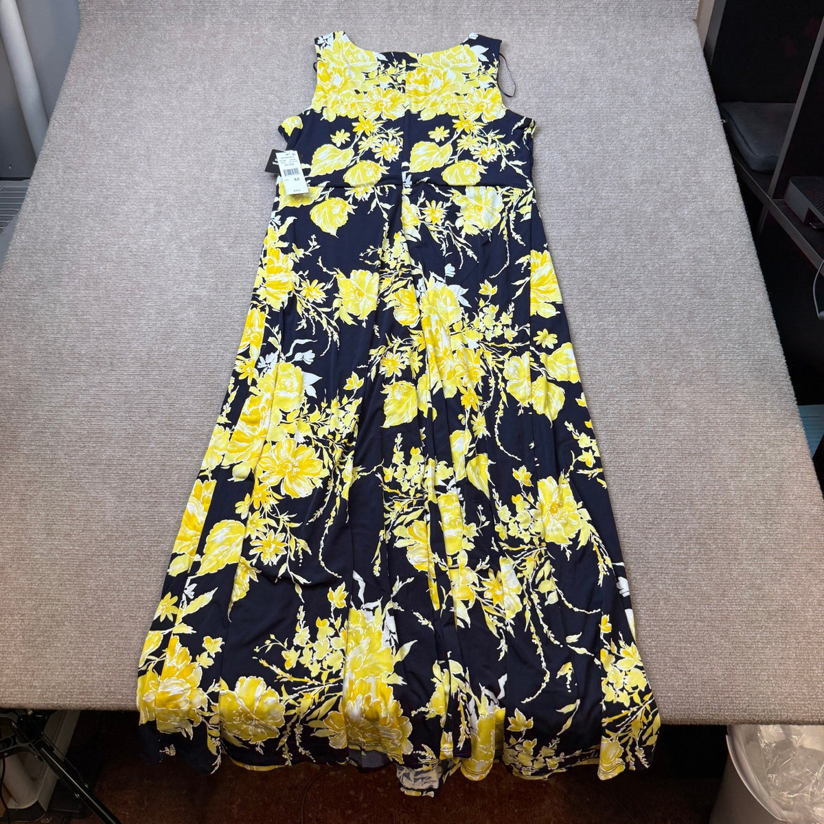 MSRP $89 Studio One Womens M Navy Yellow Keyhole Neck Maxi Dress Sleeveless