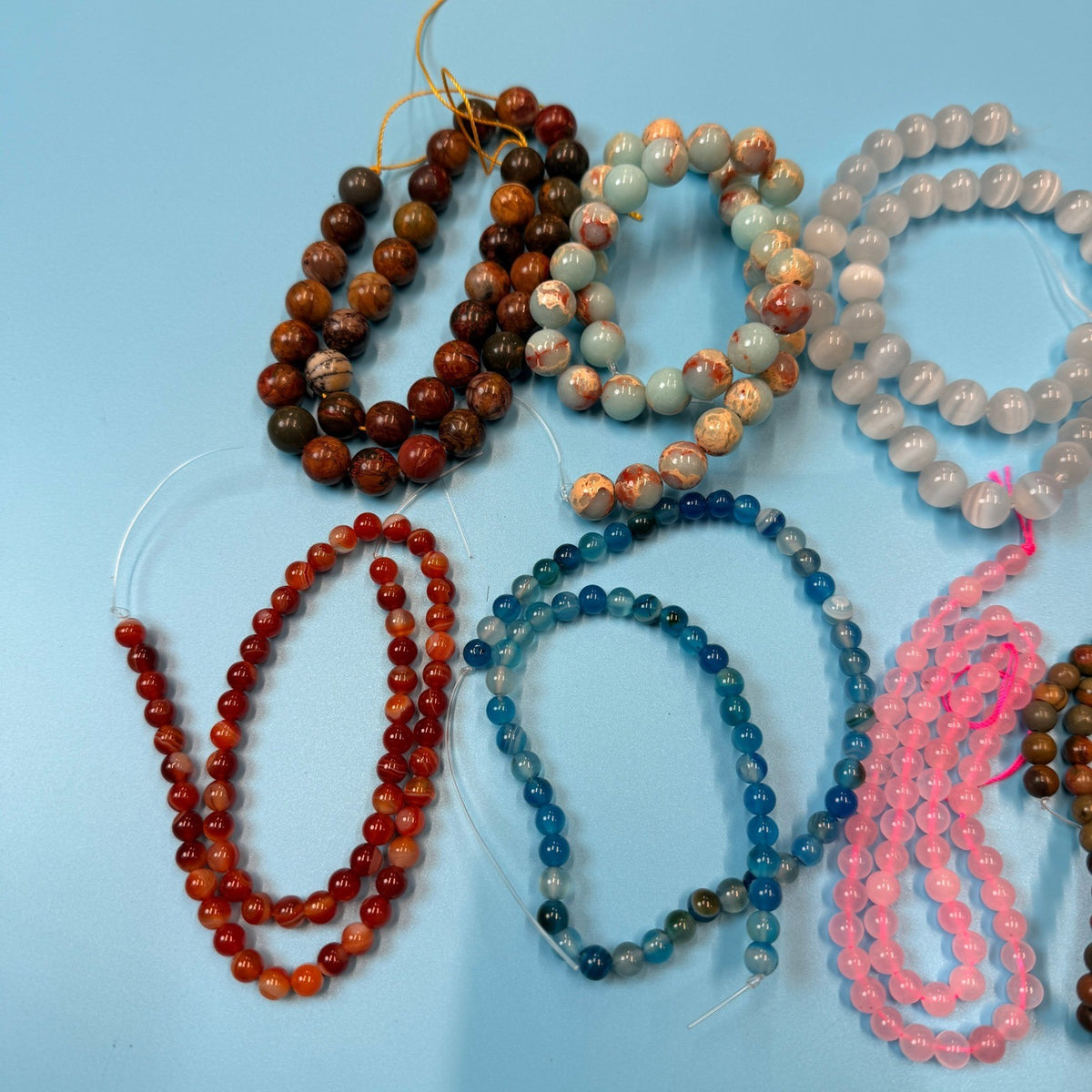 Set of 10 Natural Gemstone Round Beads Strands 15" Sizes 6,8,10 mm 11oz №B26