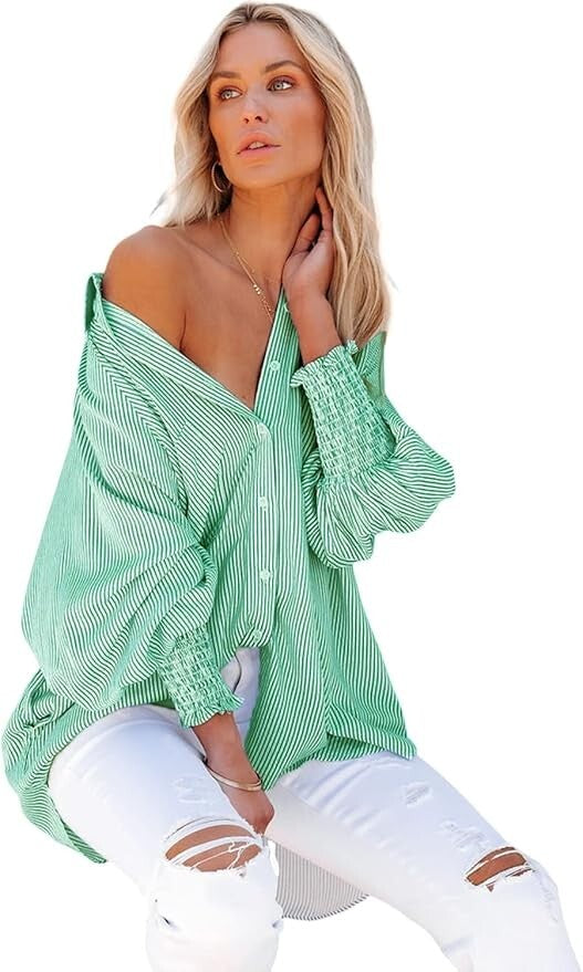 Women's S-2XL Green Button Down V Neck Casual Smocked Cuffed Stripe Shirt Long