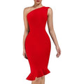 UONBOX Women's XS Red One Shoulder Sleeveless Bodycon Dress Midi Mermaid Banda