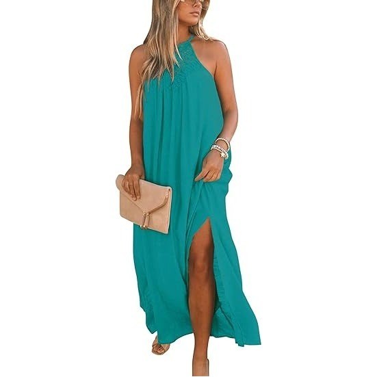MSRP $52 FARORO Women's XL Peacock Sleeveless Long Dress Boho Halter Maxi