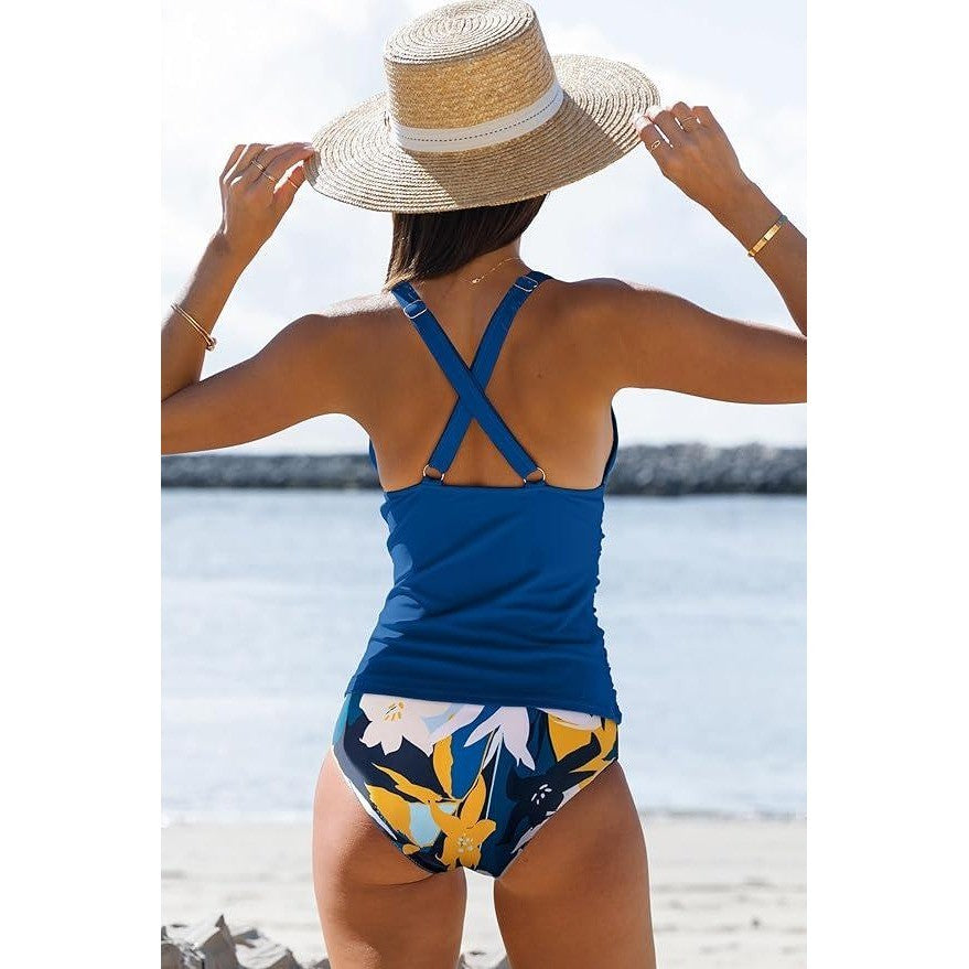 MSRP $52 Beachsissi Women's S Cute Floral Print Swimsuit V Neck Tummy Control T