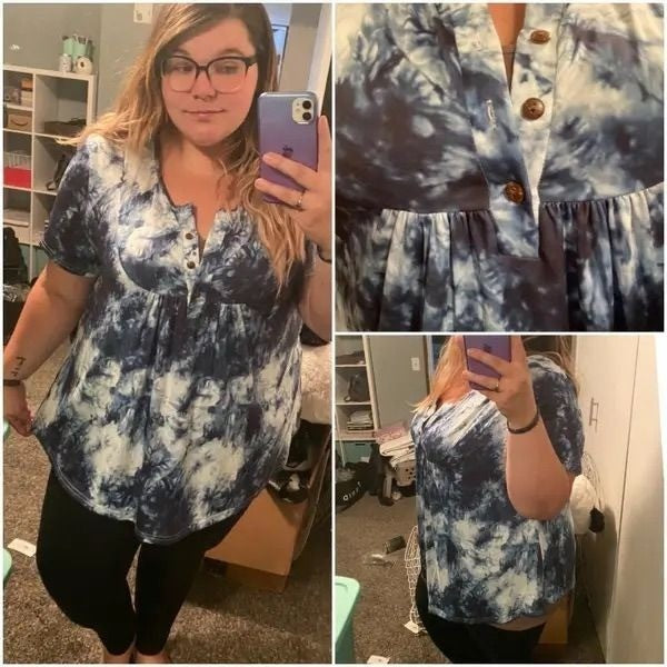VOGRACE Women's 28W Plus Size Short Sleeve Blue Tye Die Henley Shirt Flowy Tun