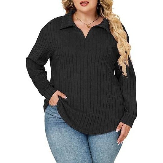 ROSRISS Women's 2XL Black Casual Knit Pullover Split V-Neck Long Sleeve Sweate