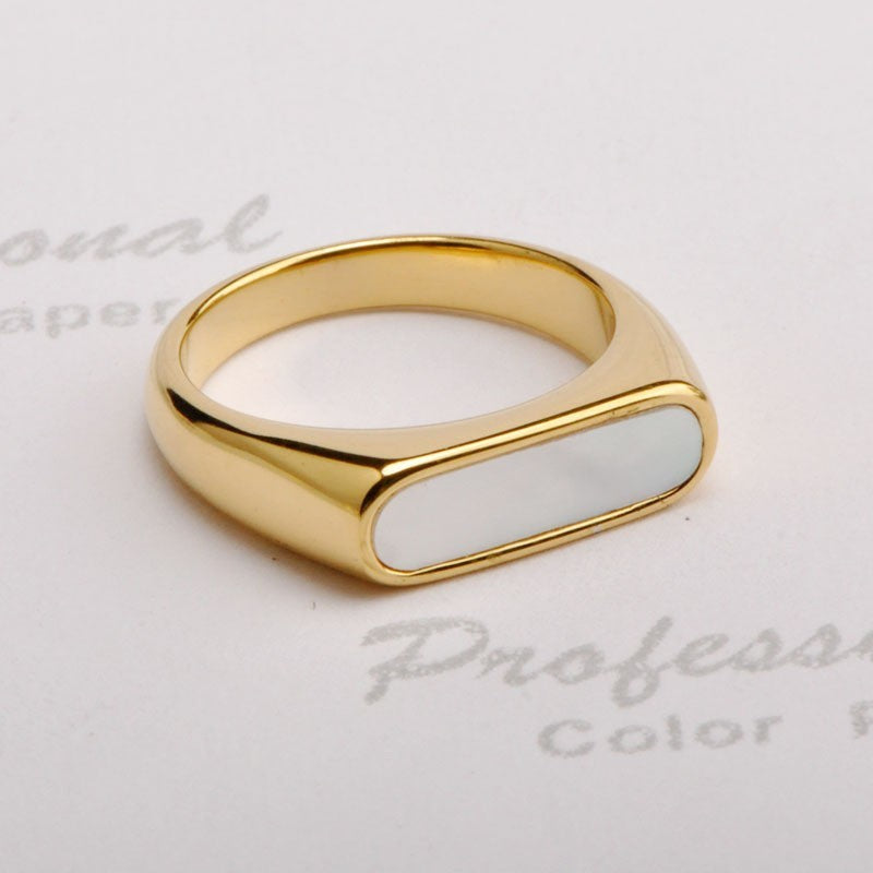 Mother Of Pearl Signet Ring Titanium Steel Gold Tone Unisex Jewelry Size 6-9