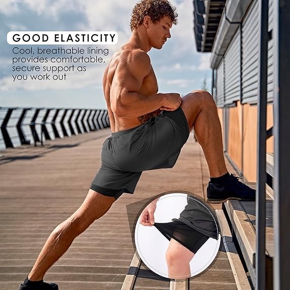 NIMOJIRO Men's M Dark Gray 2 in 1 Running Shorts Workout Athletic Training Gym O