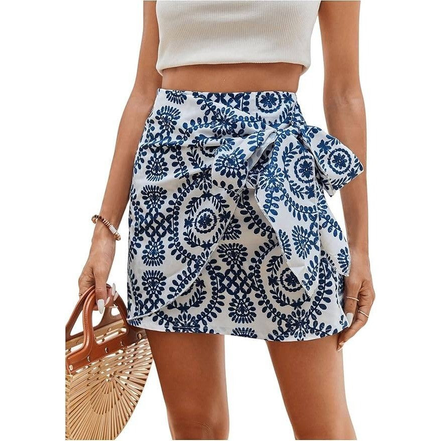 WDIRARA Women's M Allover Print Knot Side High Waist Wrap Mini Skirt Zipper Ba