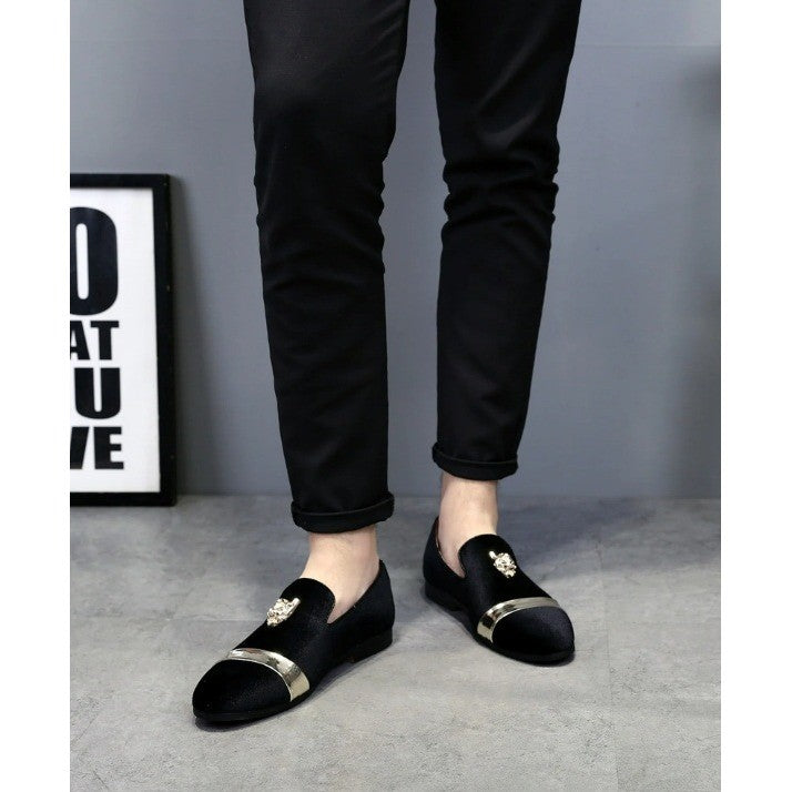 Santimon Men's US 6 Black Velvet Loafers Golden Animal Buckle Slip-On Shoes