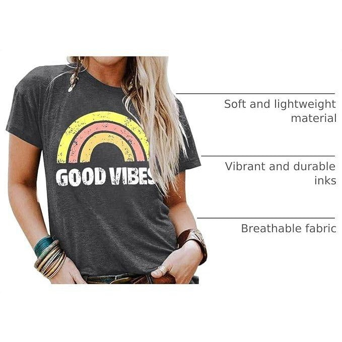 YEXIPO Women's M Good Vibes Graphic T-Shirt Short Sleeve Crew Neck Loose Fit Te
