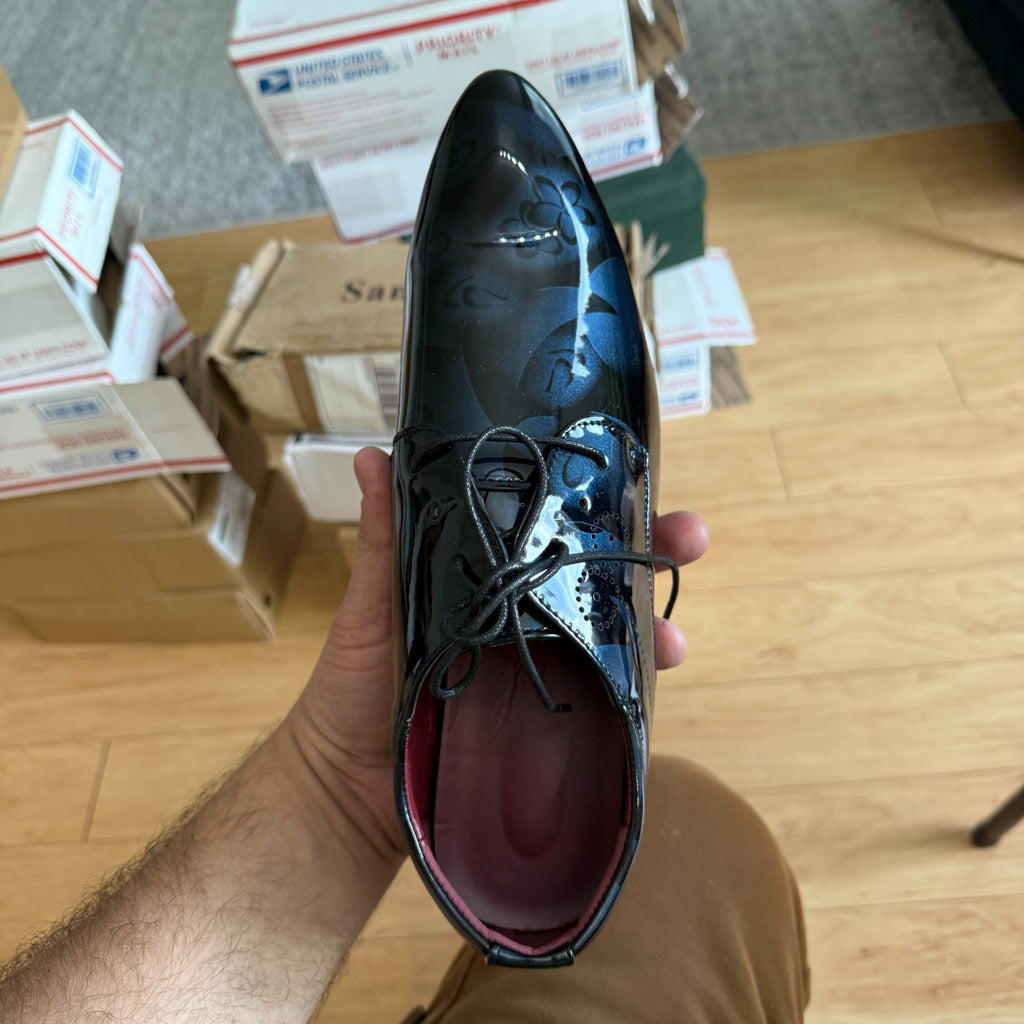Santimon Men's US 9.5 - 12 Blue Floral Printed Patent Leather Dress Oxford Shoes