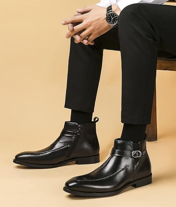 Santimon Men's US 7.5, 12 Black Leather Buckle Strap Zipper Ankle Dress Boots