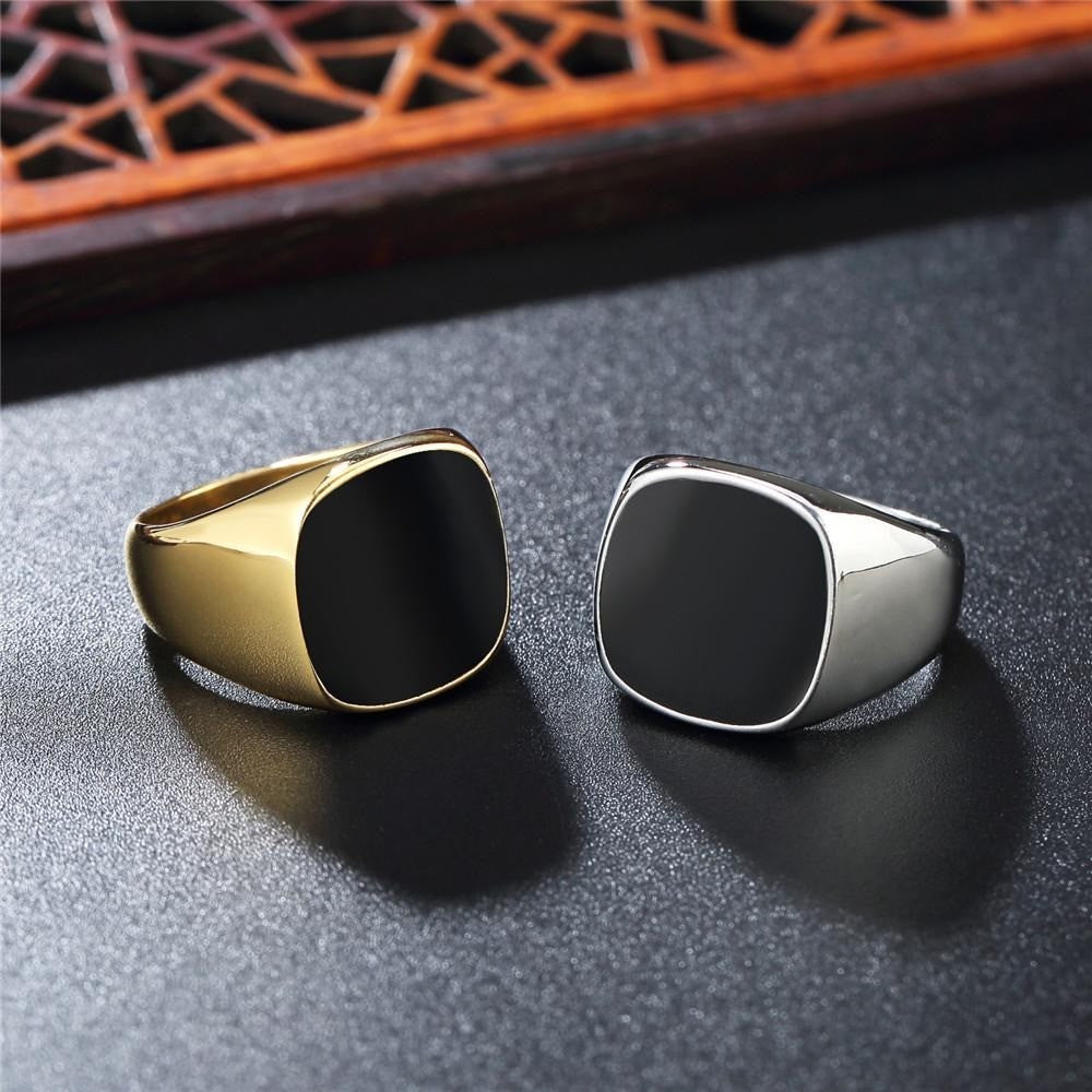 Square Black Signet Pinky Ring Mens Gold, Silver Tone Stainless Steel Size 8-13