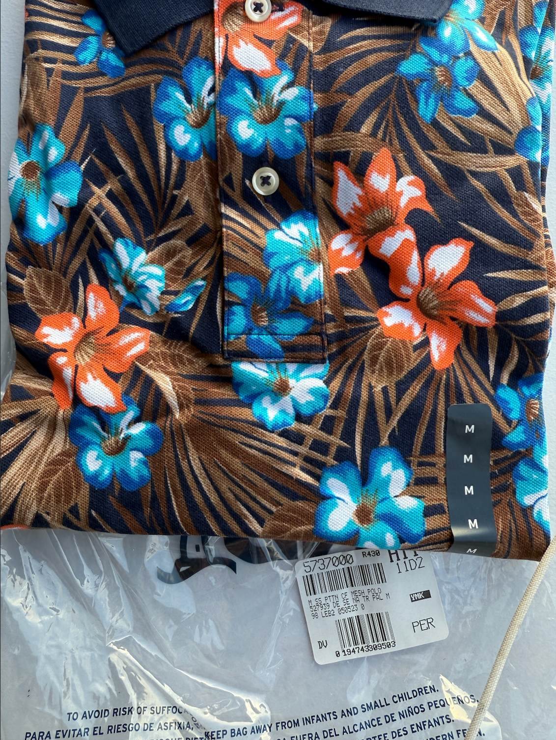 Lands' End M-XL Short Sleeve Hawaiian Men's Polo Shirt Deep Sea Navy Floral Trop